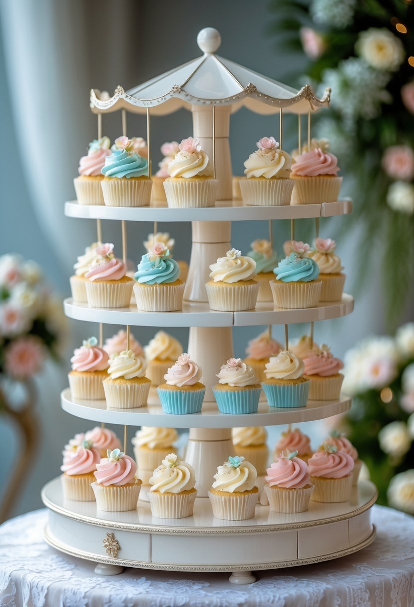 Rotating carousel display holding multiple tiers of decorated wedding cupcakes on a table with floral decorations in the background.