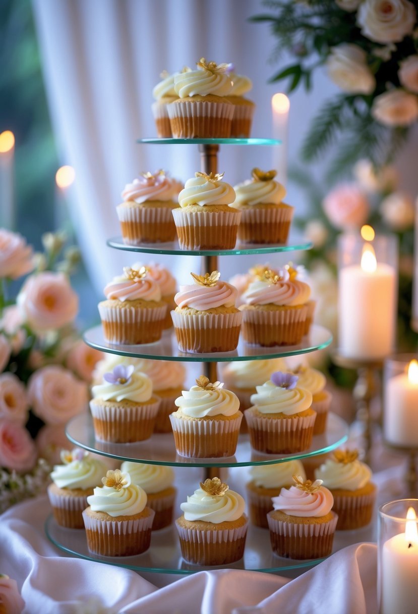 A tiered cupcake display with pastel frosting and edible flowers, softly illuminated by candlelight in a wedding setting.