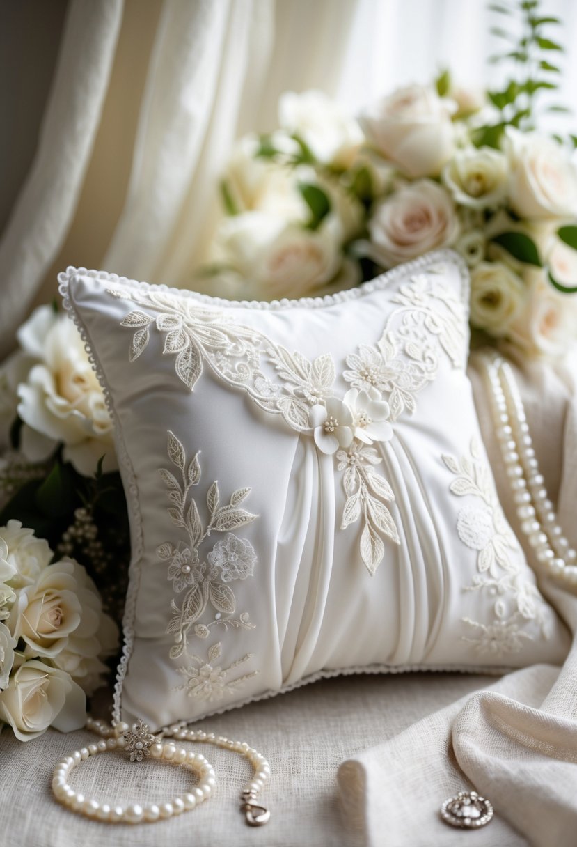 A memory pillow made from white wedding dress fabric with lace details, displayed with wedding keepsake items on a neutral surface.