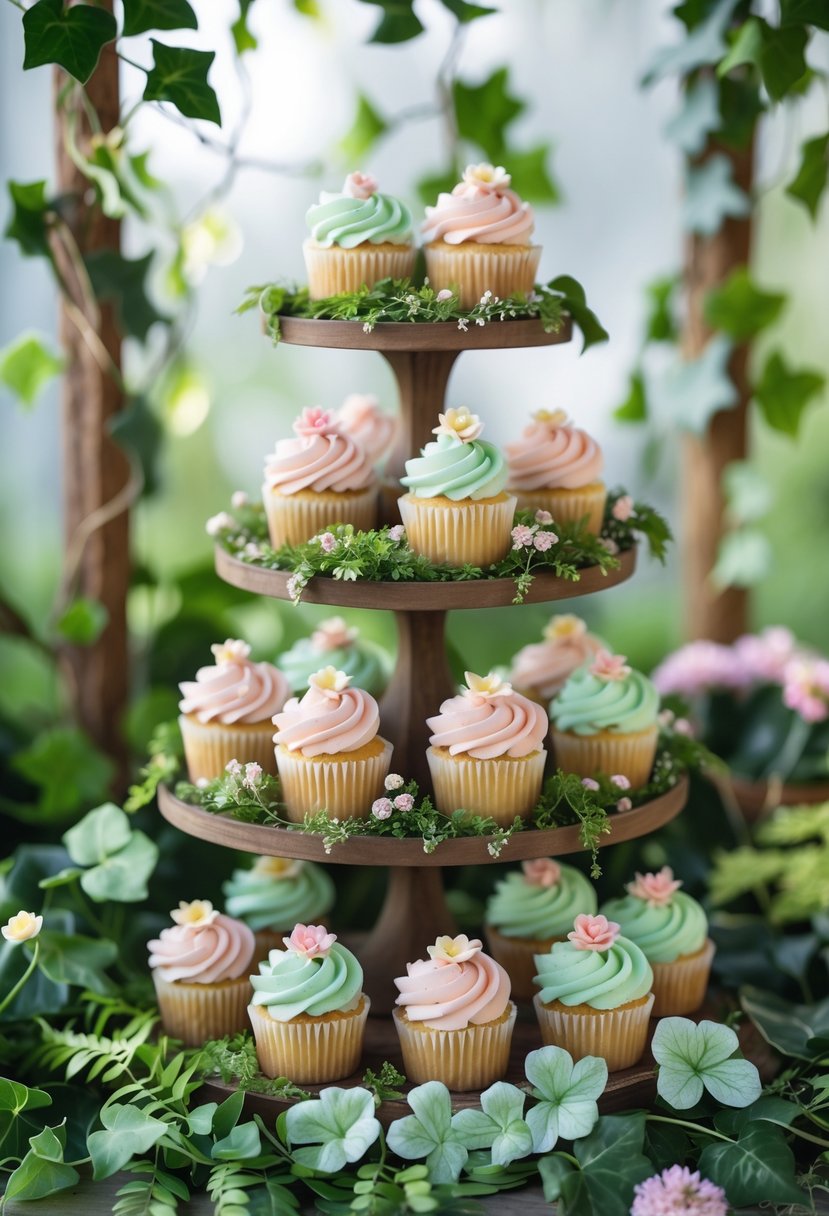 A tiered display of decorated cupcakes surrounded by green faux plants and flowers in a garden setting.