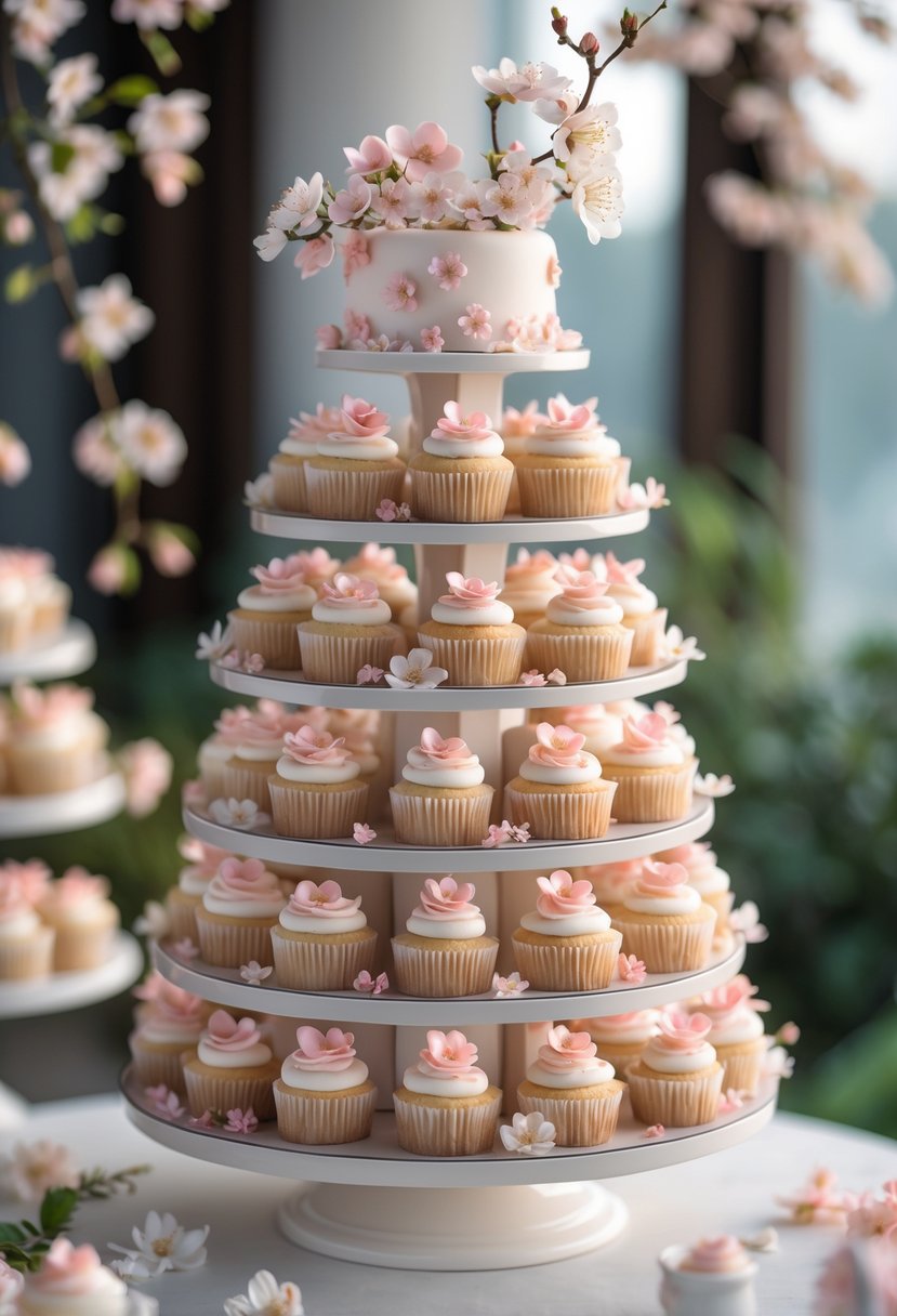 A multi-tiered cupcake tower decorated with cherry blossom-themed cupcakes on a white stand at a wedding display.