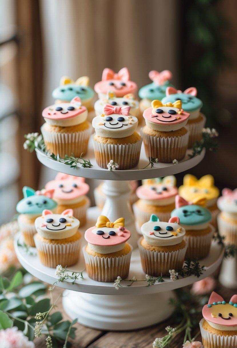 A display of cupcakes decorated with playful cartoon faces arranged on tiered stands with floral accents.