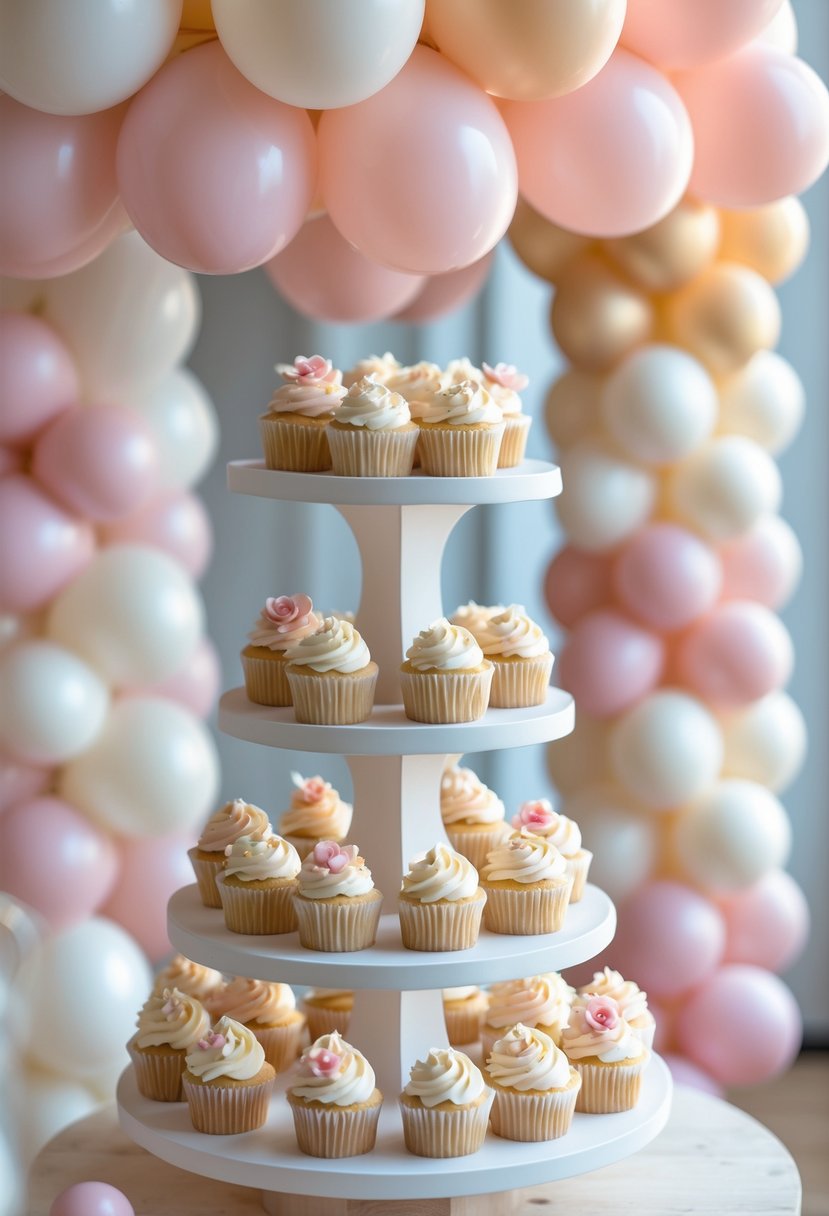 Multi-level balloon stands holding decorated cupcakes arranged for a wedding display.