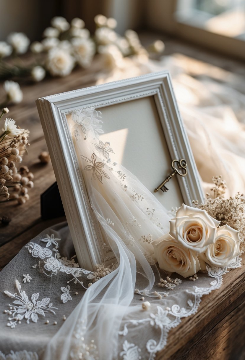 Wedding dress fabric displayed inside a photo frame on a wooden surface surrounded by wedding keepsake items.
