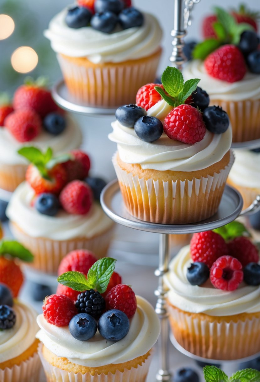 A display of cupcakes topped with fresh berries and mint leaves arranged on a tiered stand.