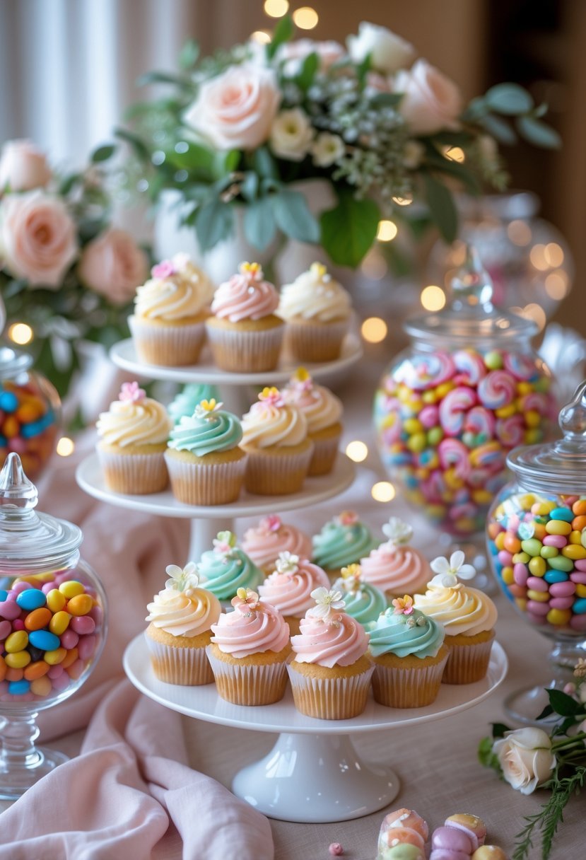 A dessert table with decorated cupcakes and assorted colorful candies arranged in jars and bowls, surrounded by flowers and soft lighting.