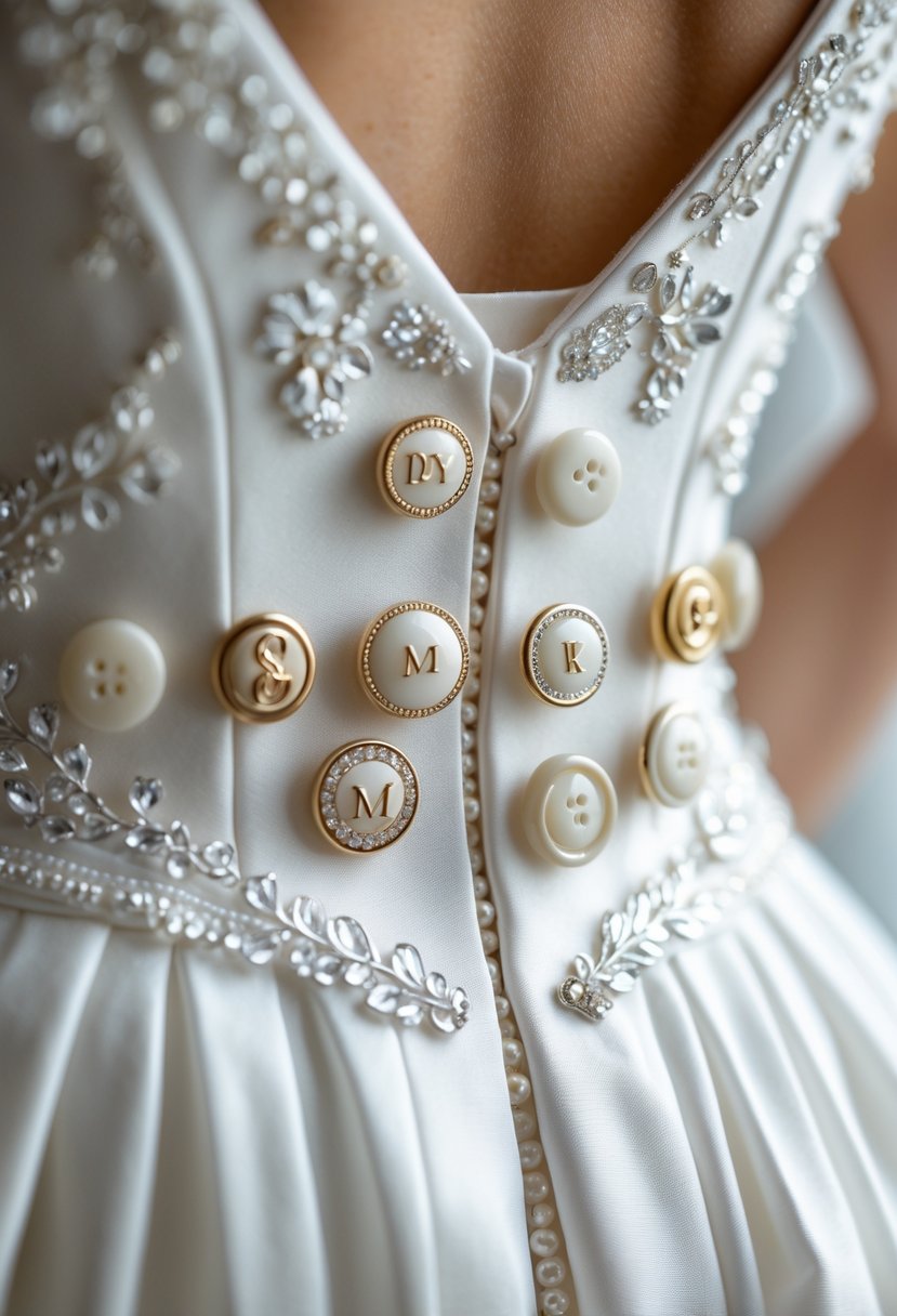 Close-up of a white wedding dress with personalized decorative buttons along the back.
