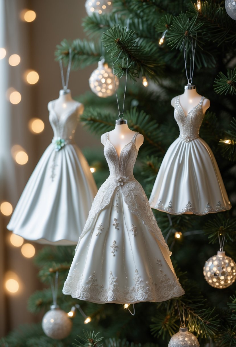 Christmas tree decorated with wedding dress-shaped ornaments glowing softly with warm lights.