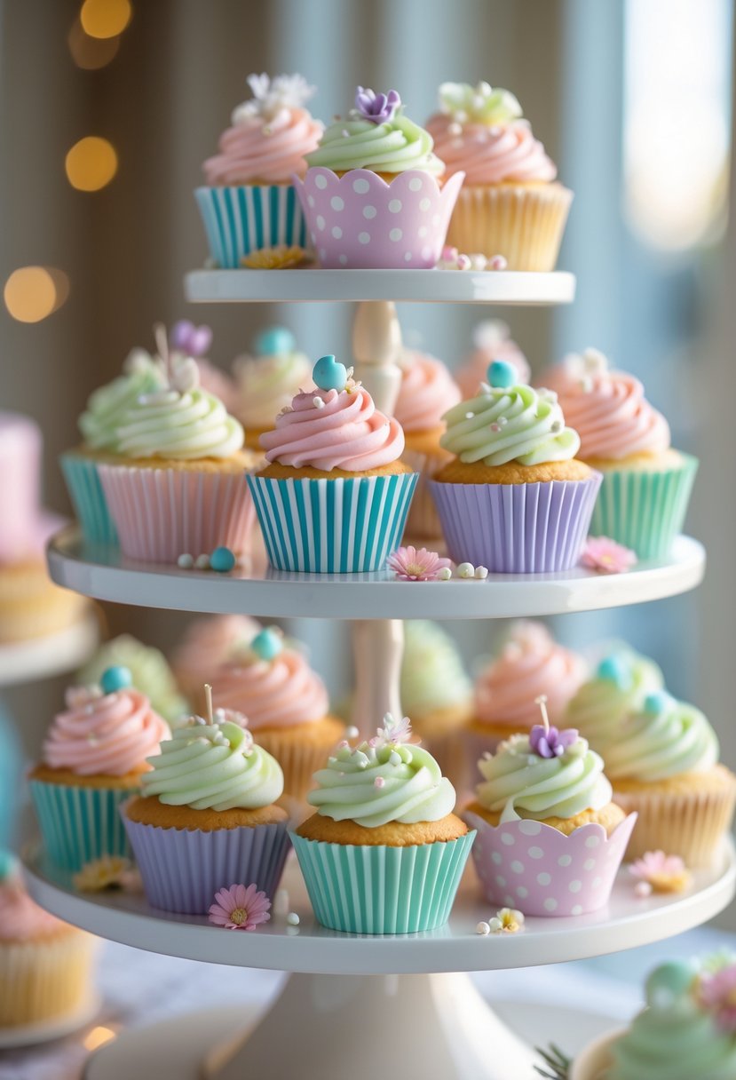 A display of cupcakes in polka dot and striped wrappers arranged on a tiered stand with decorative frosting and small edible accents.