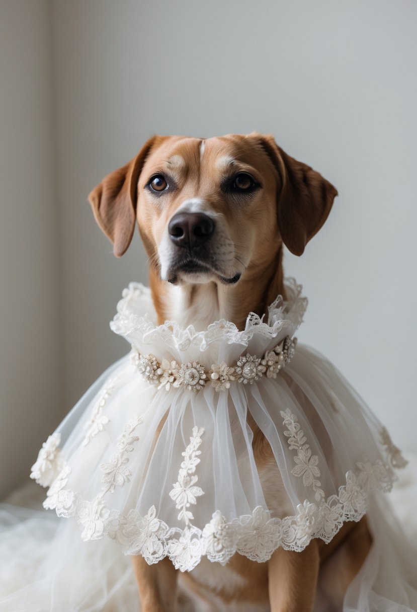 A dog wearing a custom collar cover made to look like a miniature wedding dress with lace and beads.