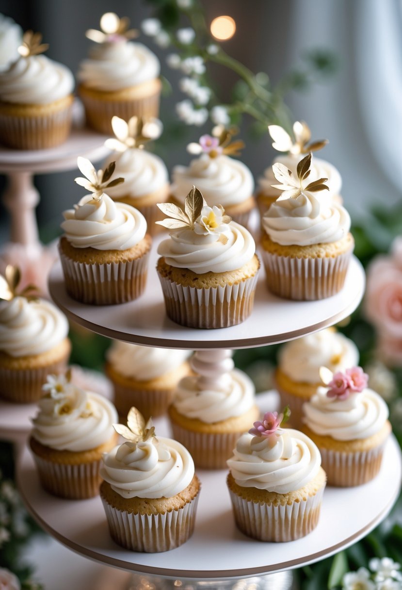 A tiered display of cupcakes decorated with gold leaf and floral accents on a table.