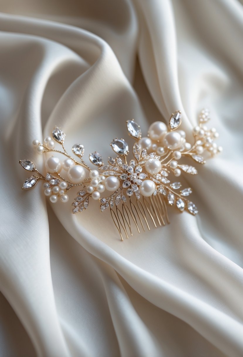 A bridal hair accessory with pearls and crystals resting on a white wedding dress.