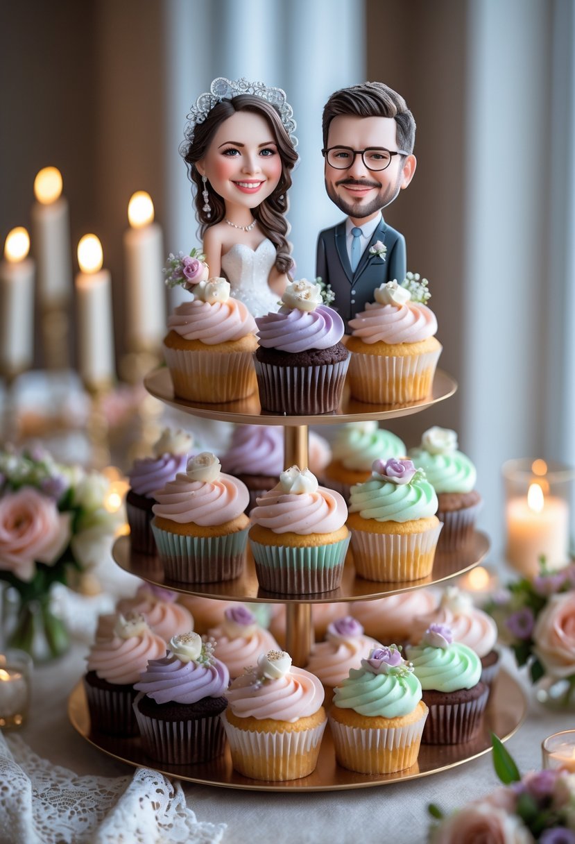 A display of wedding cupcakes topped with colorful personalized caricature toppers on tiered stands surrounded by floral decorations.