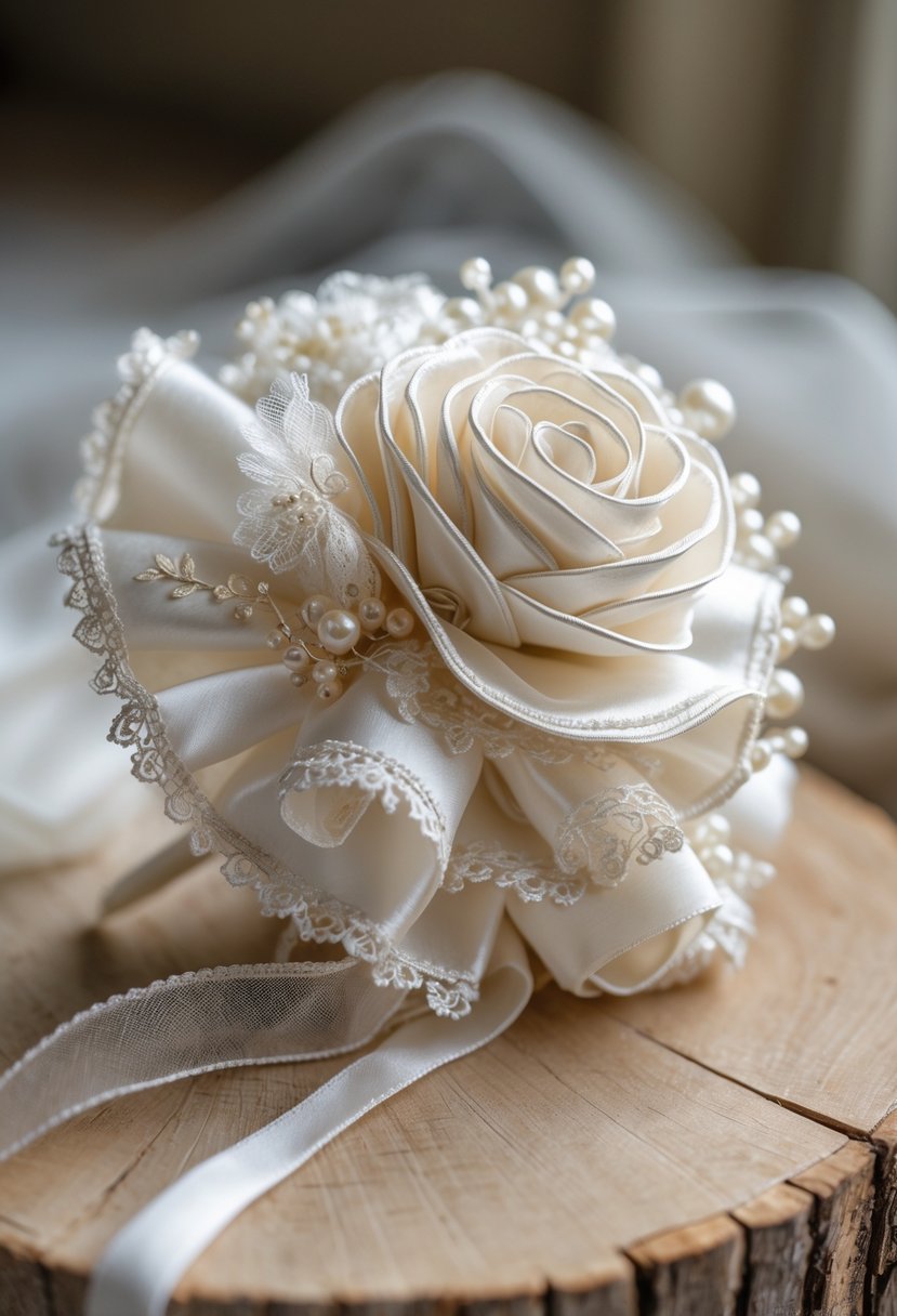 Close-up of a boutonniere made from wedding dress fabric resting on a wooden surface.