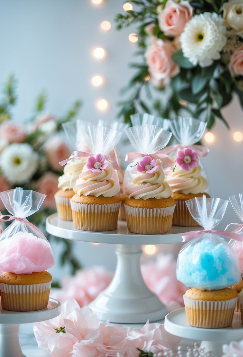 A wedding dessert table with cupcakes decorated with pastel frosting and mini bags of pink and blue cotton candy tied with ribbons.