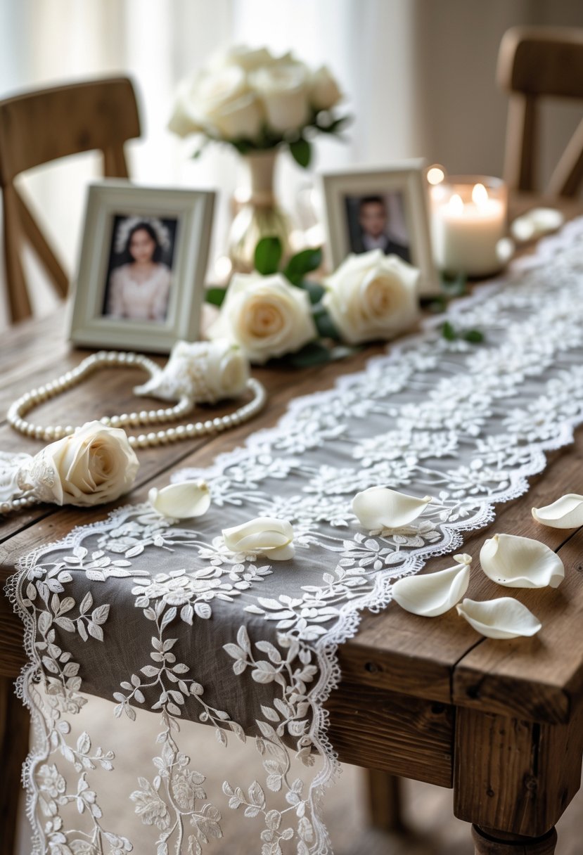 A lace wedding dress-inspired table runner on a wooden table surrounded by wedding keepsakes like gloves, pearls, framed photos, and rose petals.