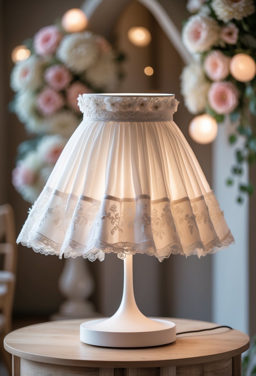 A lampshade shaped like a white wedding dress on a lamp, placed on a wooden table with soft lighting and blurred floral decorations in the background.