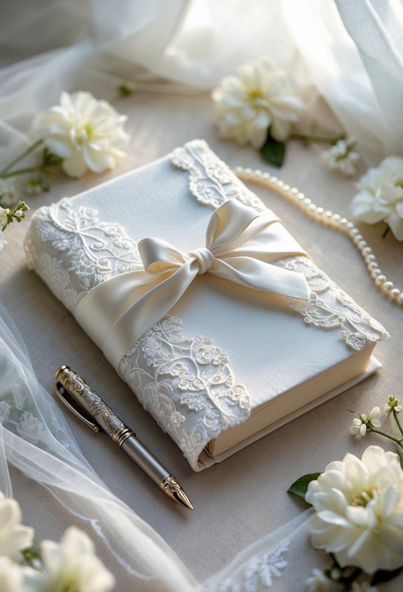 A journal wrapped in white wedding dress fabric with small flowers and pearl beads around it on a soft surface.