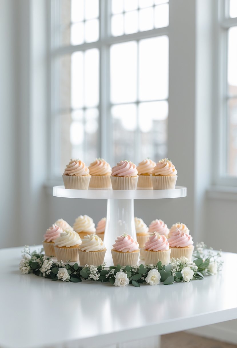 A table with a simple cupcake stand holding pastel-colored cupcakes decorated with floral frosting, surrounded by small white flowers and greenery.