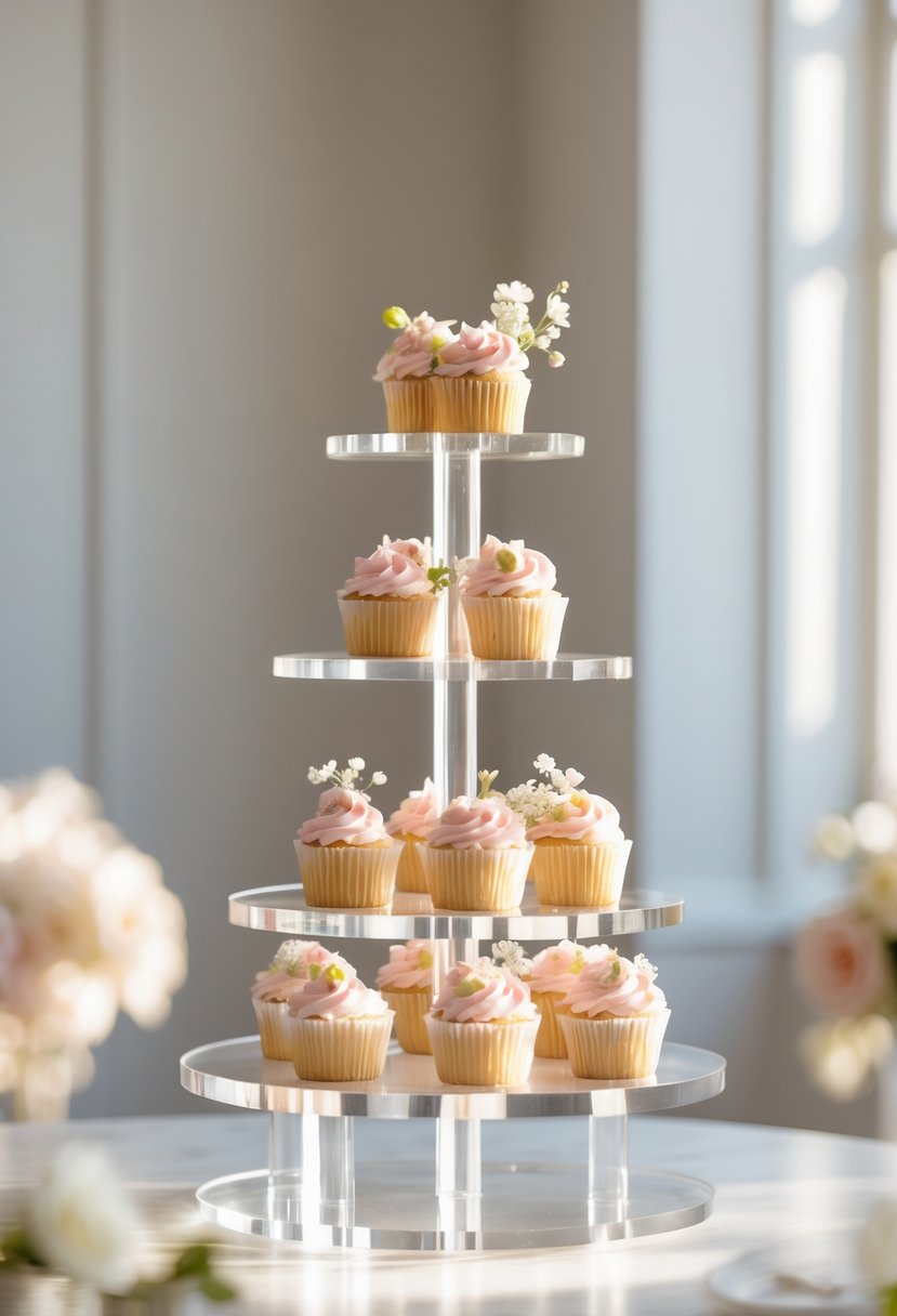 Clear acrylic multi-tiered cupcake stand with pastel cupcakes arranged on each tier in a simple wedding setting.