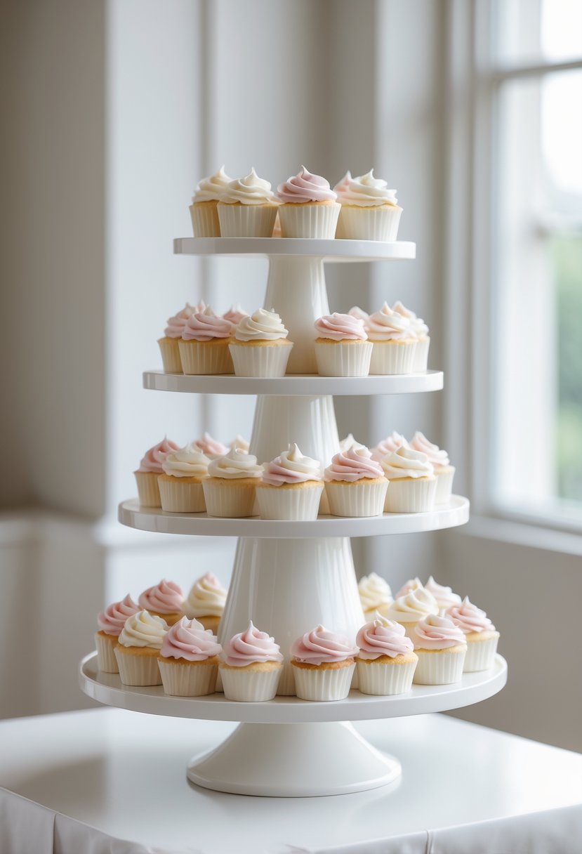 A white porcelain cupcake tower with multiple tiers holding pastel-colored cupcakes on a white surface.
