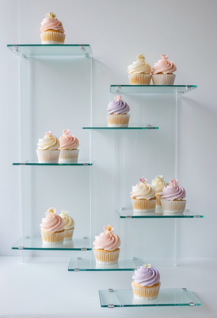 Floating glass shelves displaying pastel-colored cupcakes arranged neatly against a white background.