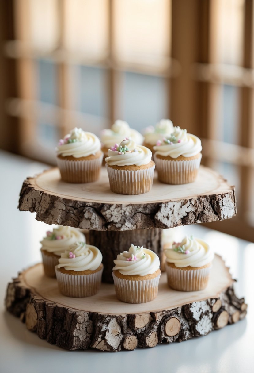 A single-tier wooden slab displaying decorated wedding cupcakes on a white surface with a softly blurred background.