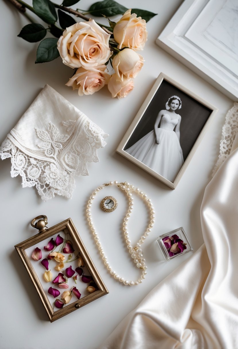 A flat lay of wedding keepsakes including a lace handkerchief, pearl necklace, dried rose petals in a glass box, a framed bride photo, and folded satin fabric.