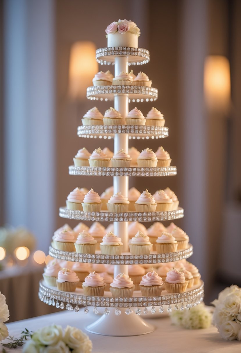 A multi-tiered cupcake tower decorated with crystals and holding pastel-colored cupcakes at a wedding reception.