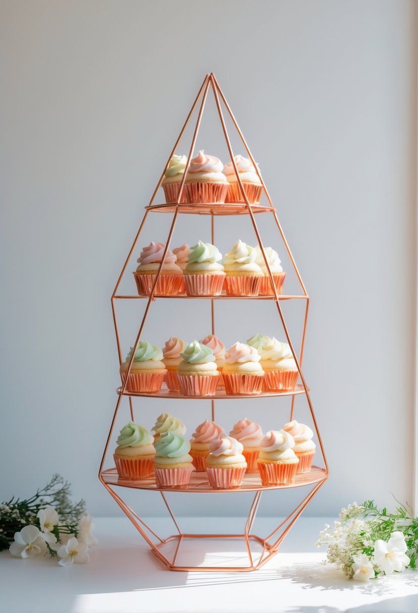 A copper geometric wire cupcake holder displaying decorated cupcakes with pastel frosting on multiple tiers, surrounded by white flowers and greenery.