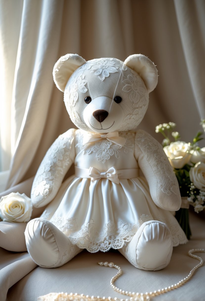 A stuffed bear made from white wedding dress fabric sitting on a soft surface with wedding-themed decorations around it.