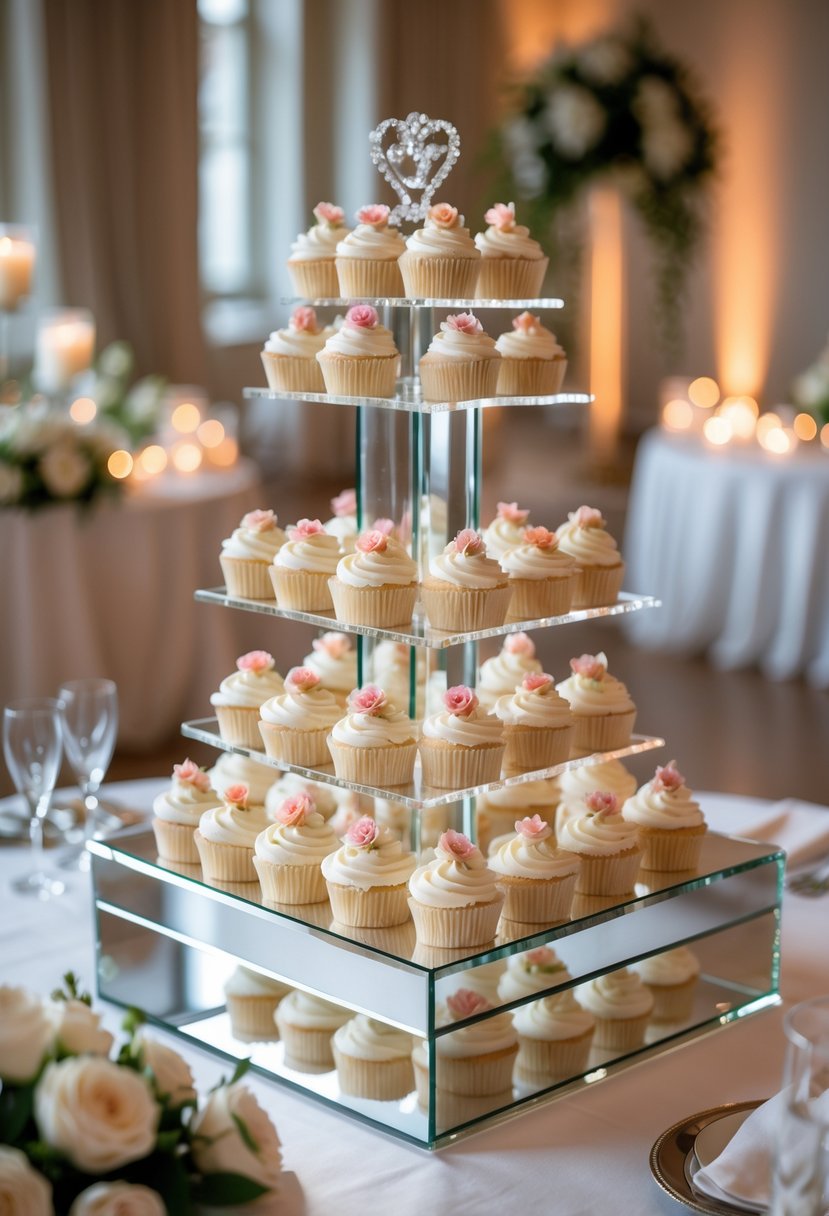 A multi-tiered mirrored acrylic cupcake stand displaying decorated cupcakes on a wedding reception table with flowers and candles.