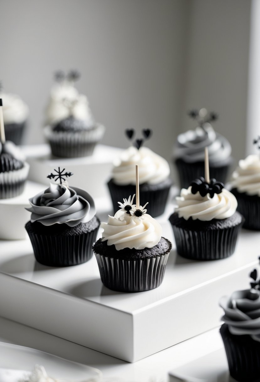 A display of cupcakes with black, white, and gray liners and simple matching toppers arranged on a white surface.