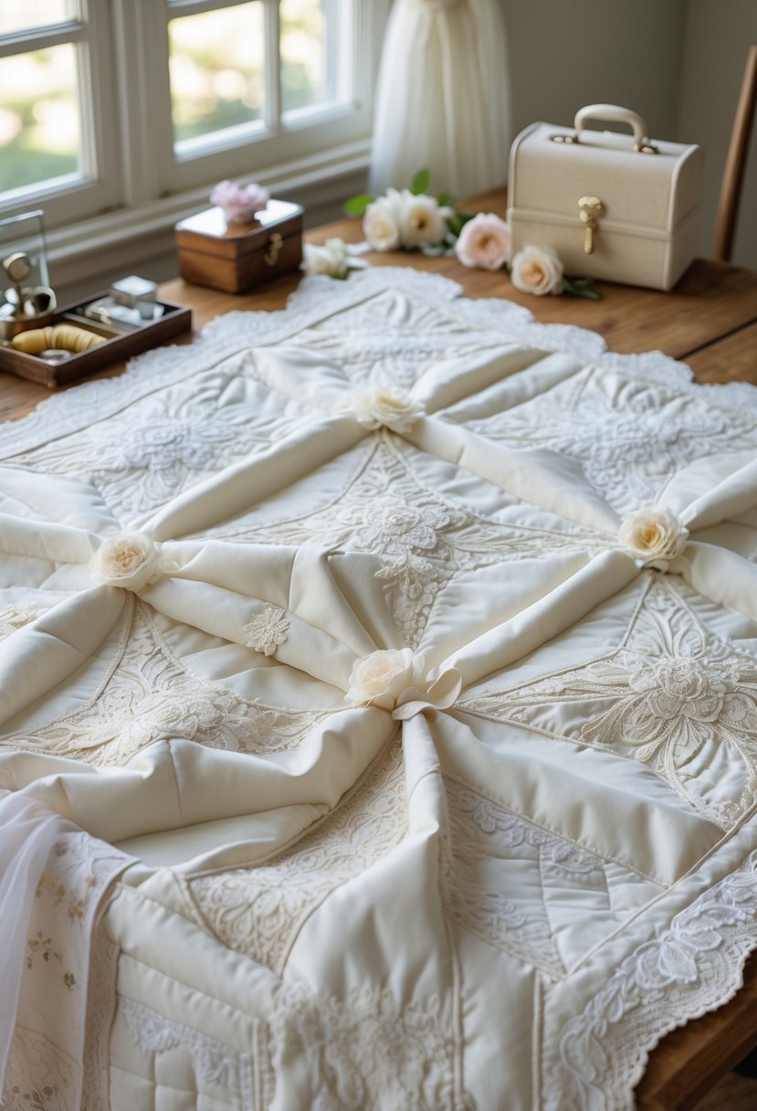 A quilt made from wedding dress fabric laid out on a wooden table with sewing supplies nearby.