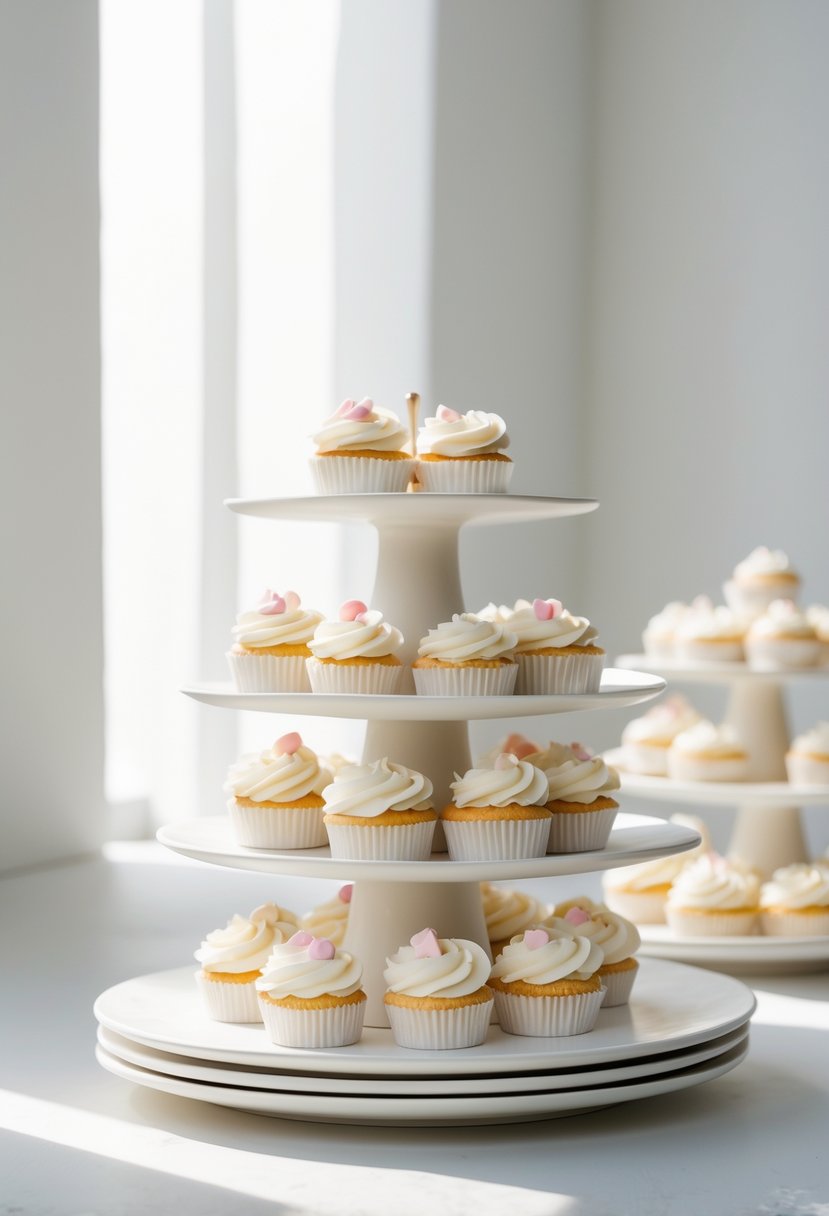 Stacked white ceramic plates displaying a few decorated cupcakes on a neutral background.