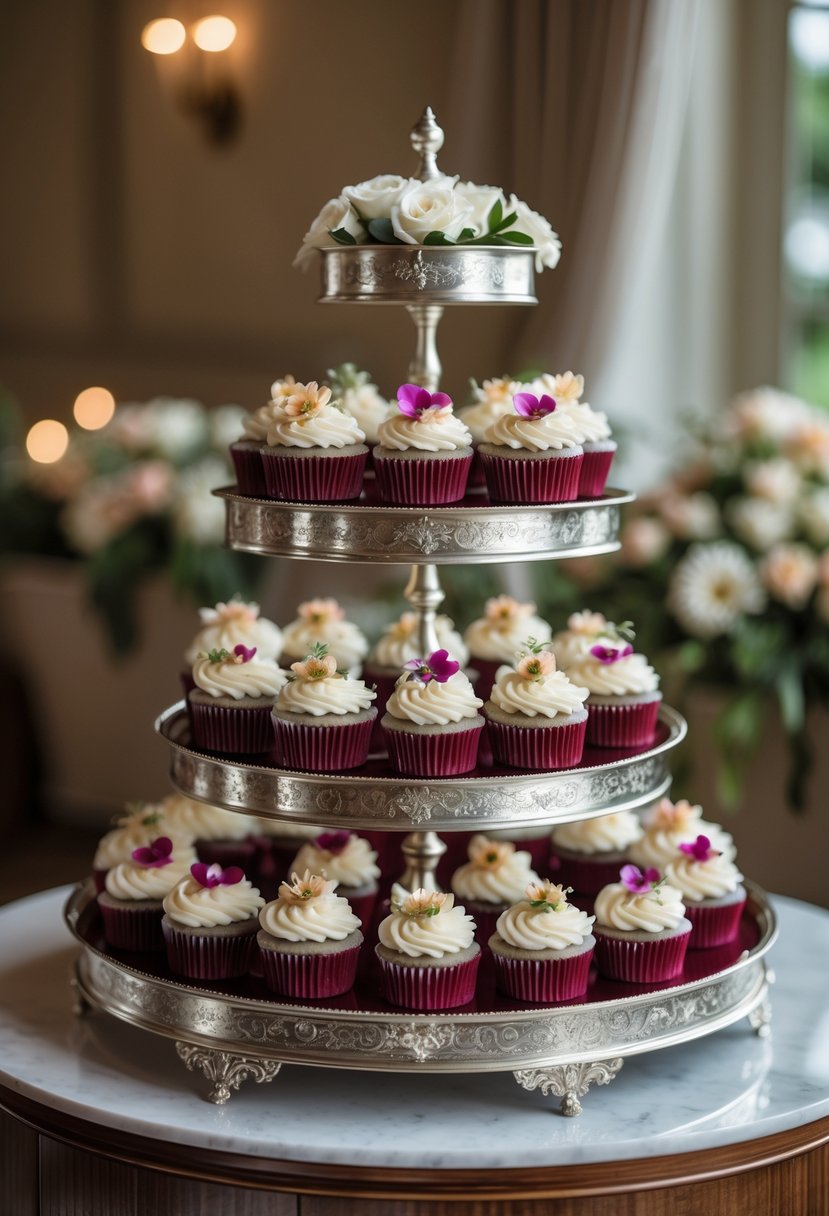 A display of decorated cupcakes arranged on vintage silver trays lined with red velvet on a wooden table at a wedding reception.