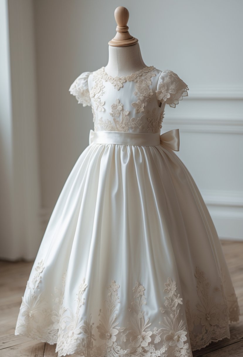 A delicate flower girl dress made from classic wedding gown fabric displayed on a mannequin against a neutral background.