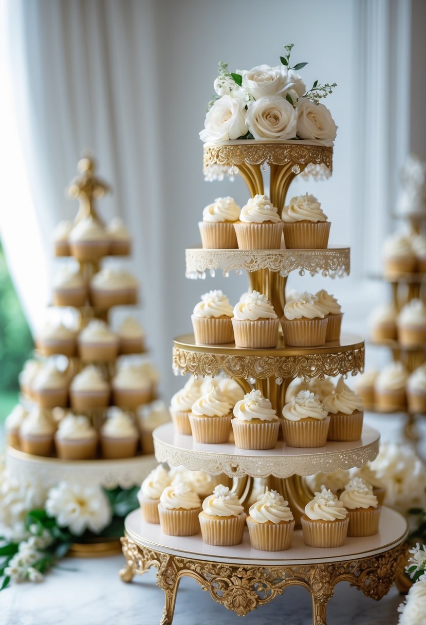 A multi-tiered display of cupcakes on ornate, decorative holders with intricate designs, set in a bright and elegant setting.