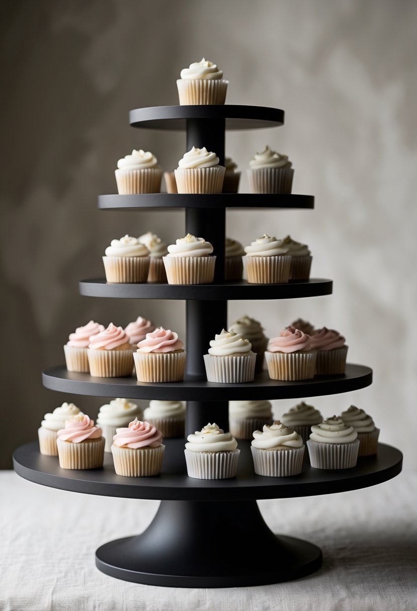 A black matte tiered cupcake stand displaying wedding cupcakes with white and pastel frosting on multiple levels.