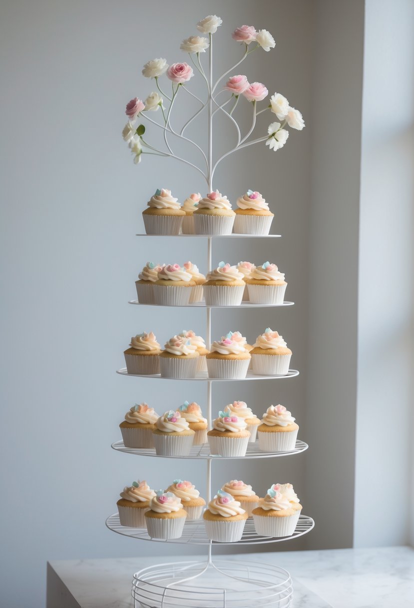 A white wire cupcake tree holding multiple decorated cupcakes on a clean surface.