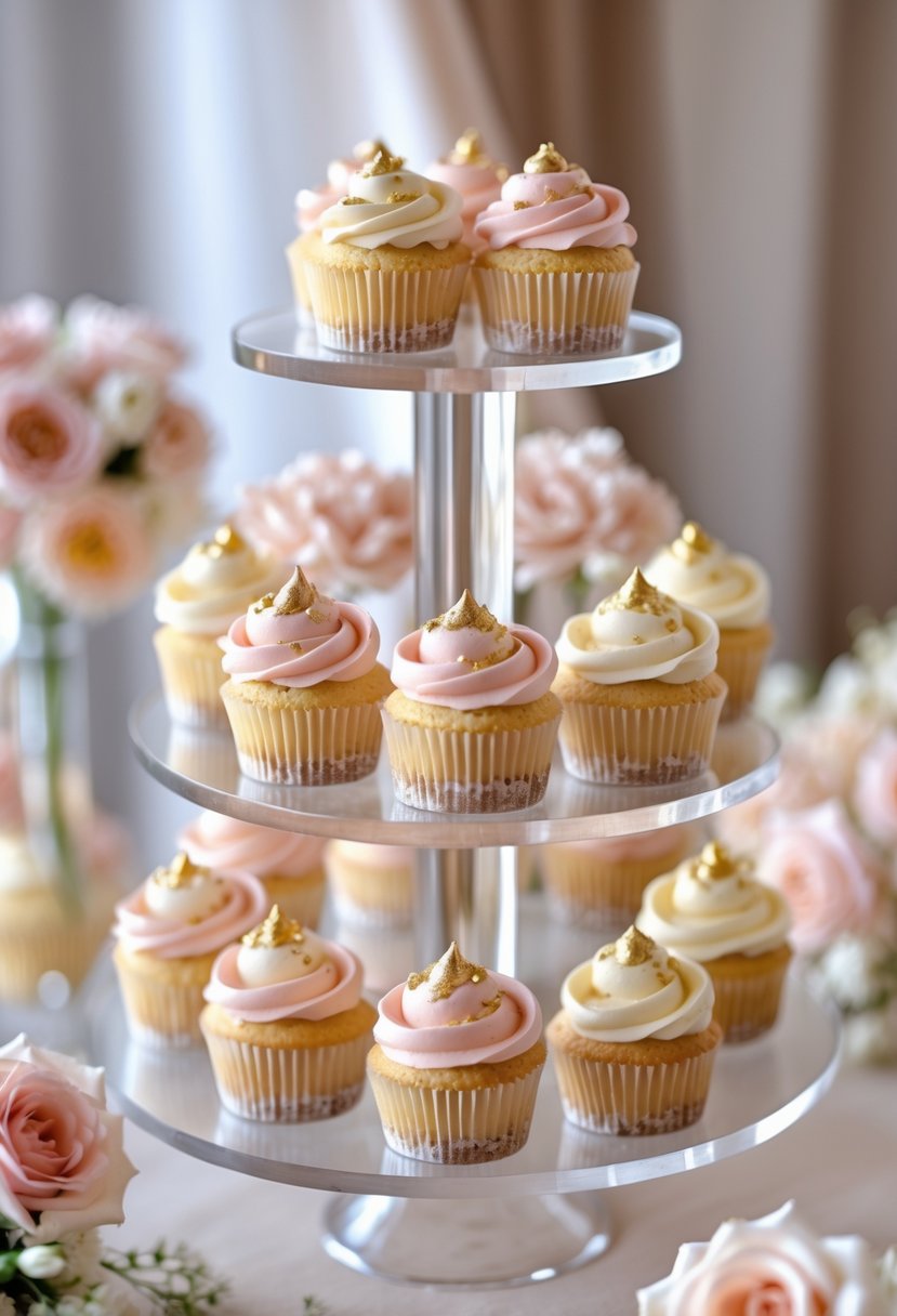 A multi-tiered stand with cupcakes decorated in champagne and blush colors, arranged for a wedding celebration.