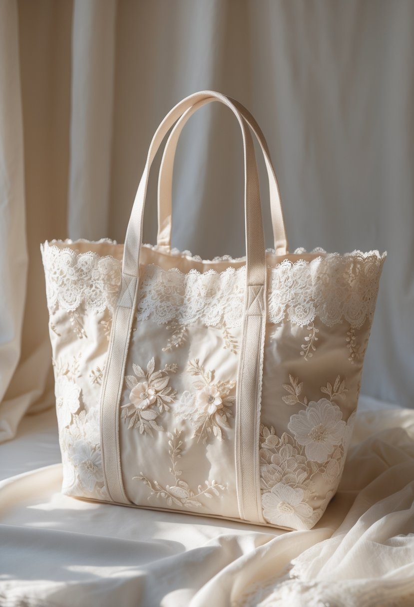 A handmade tote handbag crafted from classic wedding dress fabric with lace and satin details, placed on a neutral background.