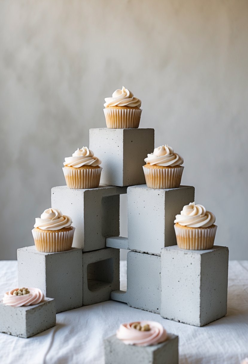 A tiered wedding cupcake display made with stacked concrete blocks holding pastel-colored cupcakes on a neutral background.