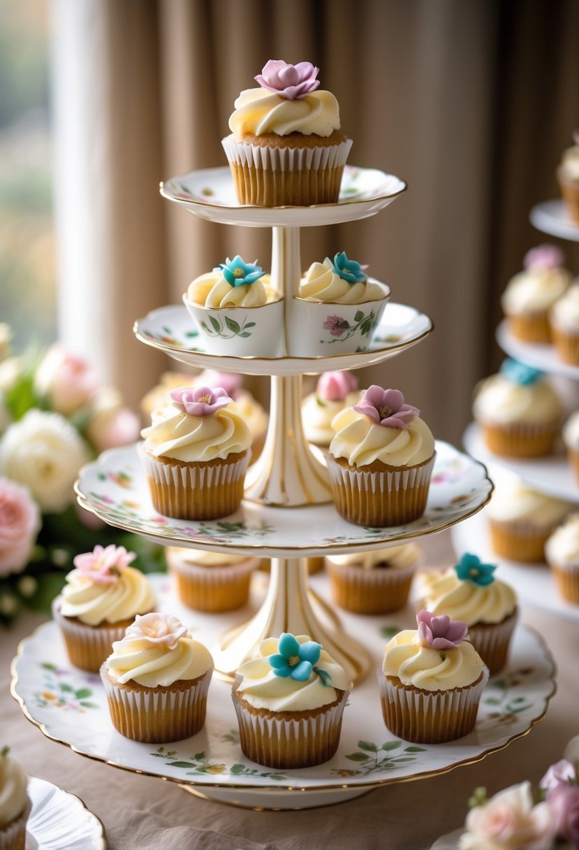 A display of hand-painted porcelain cupcake plates arranged with decorated cupcakes on a tiered stand at a wedding.
