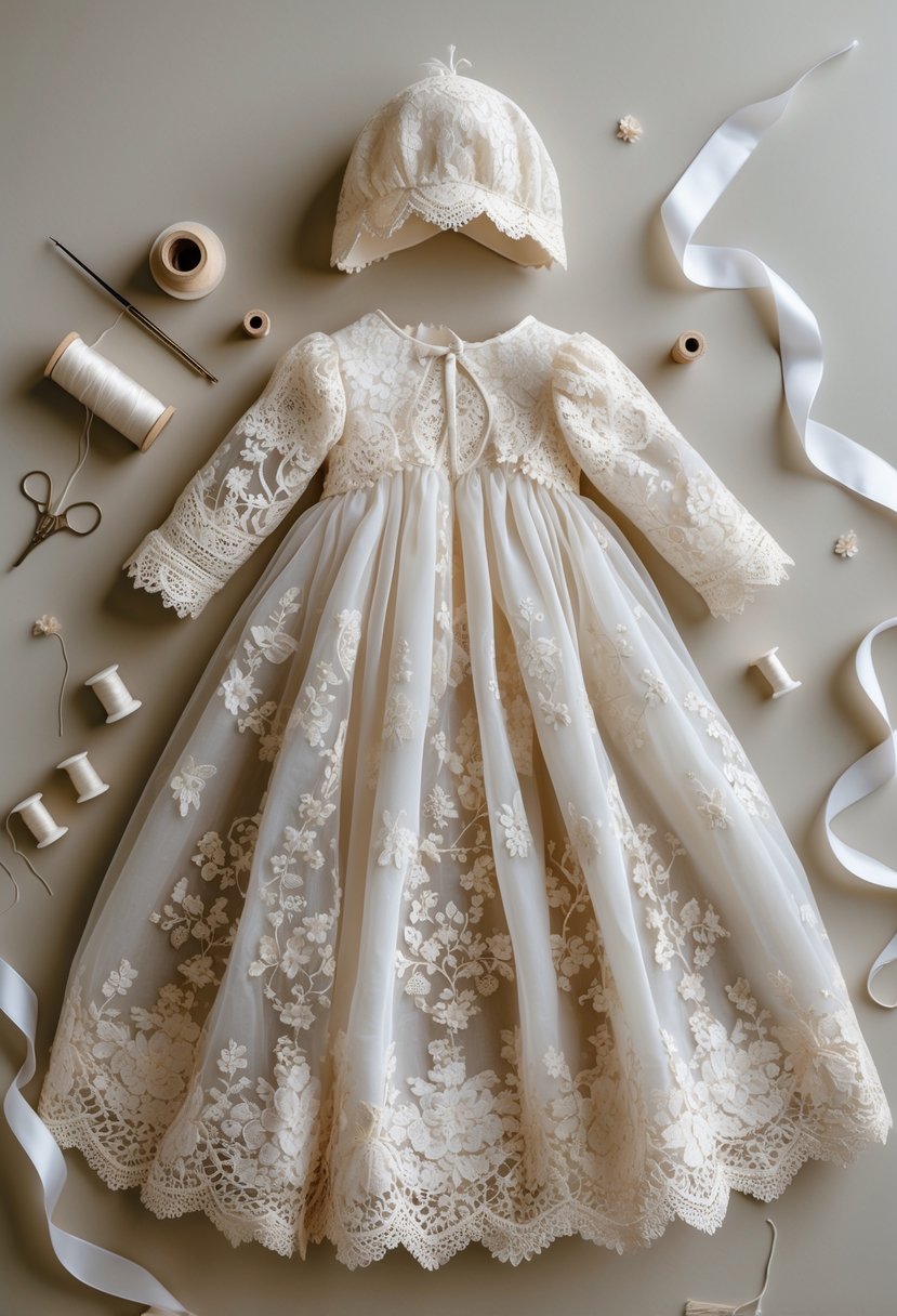 A delicate lace christening gown displayed with sewing materials on a neutral background.