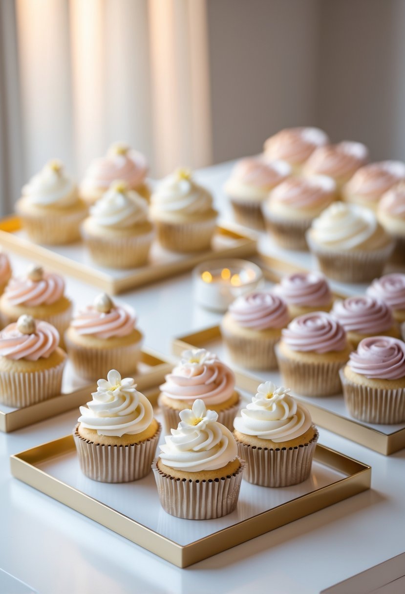 A display of cupcakes on gold-edged trays arranged on a white surface with soft pastel colors and floral decorations.