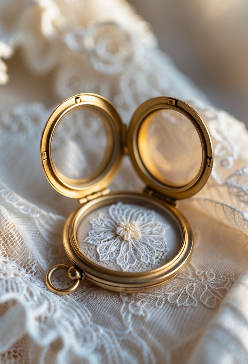 A gold locket open to reveal a small piece of white wedding dress fabric on soft lace.