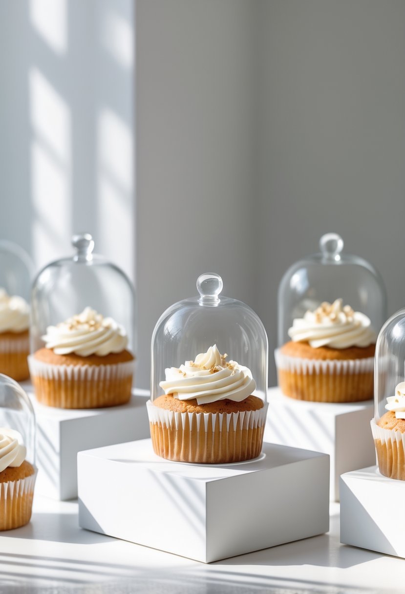 A display of wedding cupcakes each covered by a clear glass dome on a simple stand against a light background.