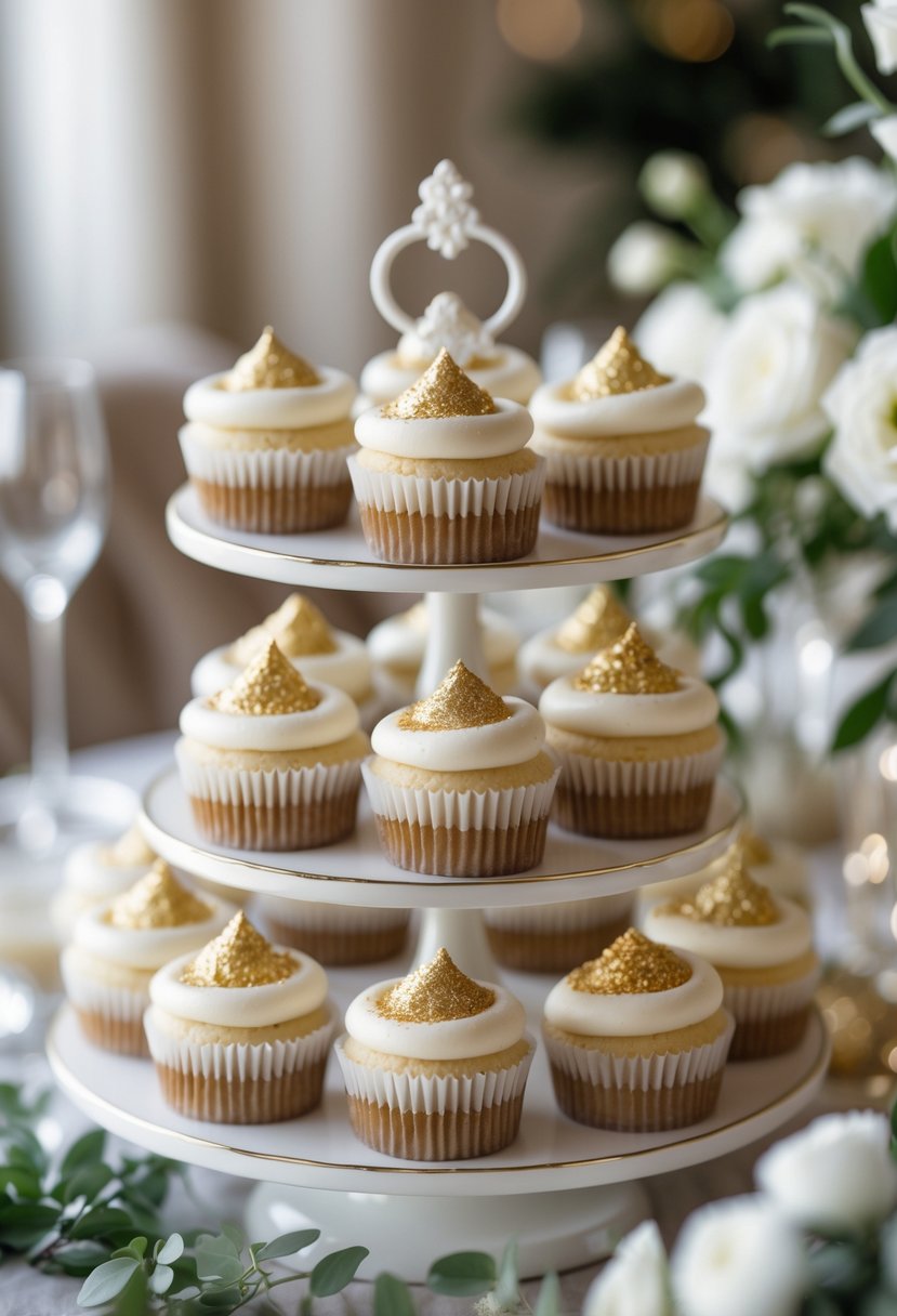 A tiered stand of wedding cupcakes decorated with shimmering edible gold dust on creamy frosting, surrounded by soft floral decorations.
