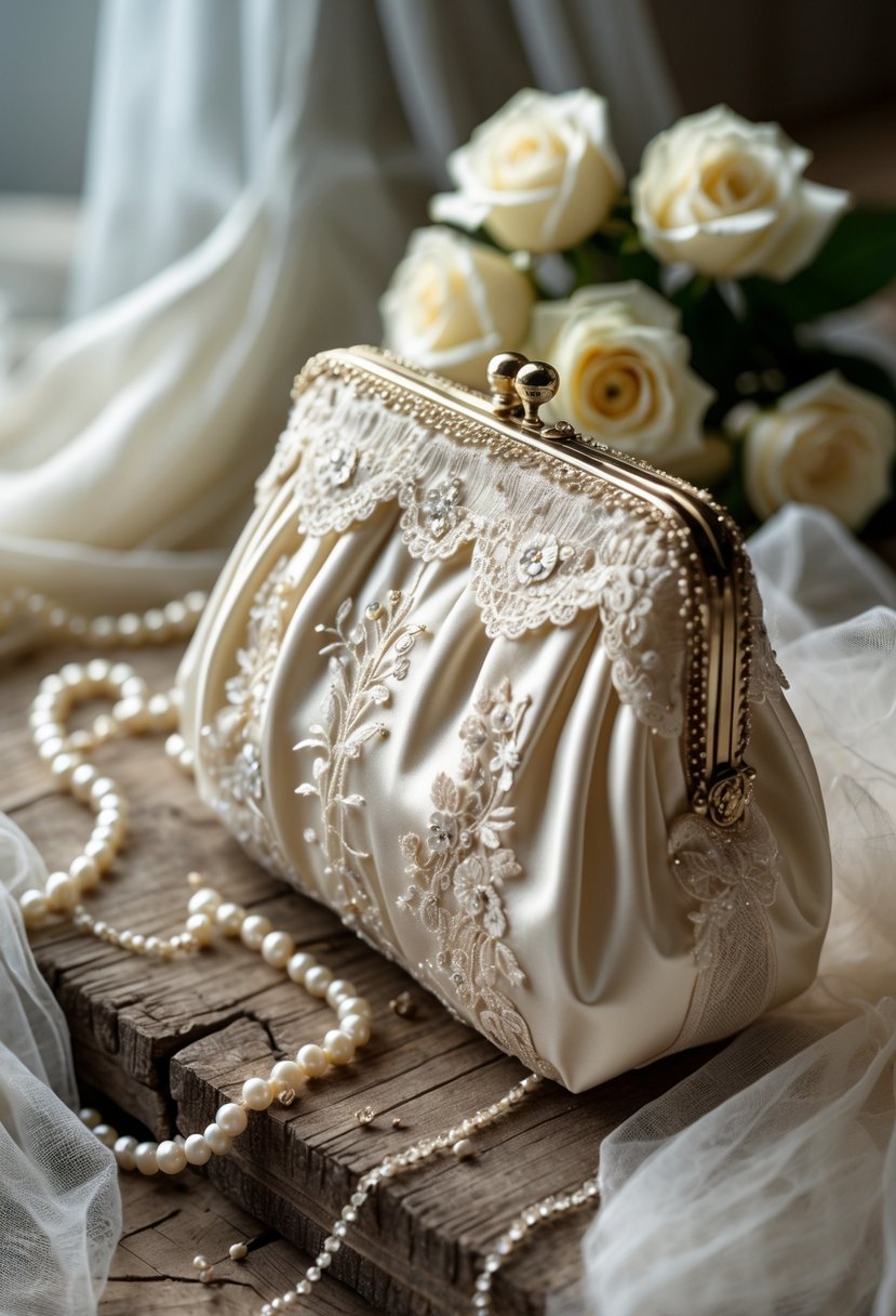A vintage-style clutch made from wedding dress fabric resting on a wooden surface with pearls and white roses nearby.